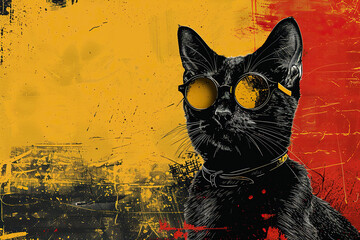 Banner, poster in grunge style with the image of a black cat in sunglasses. Generated by artificial intelligence