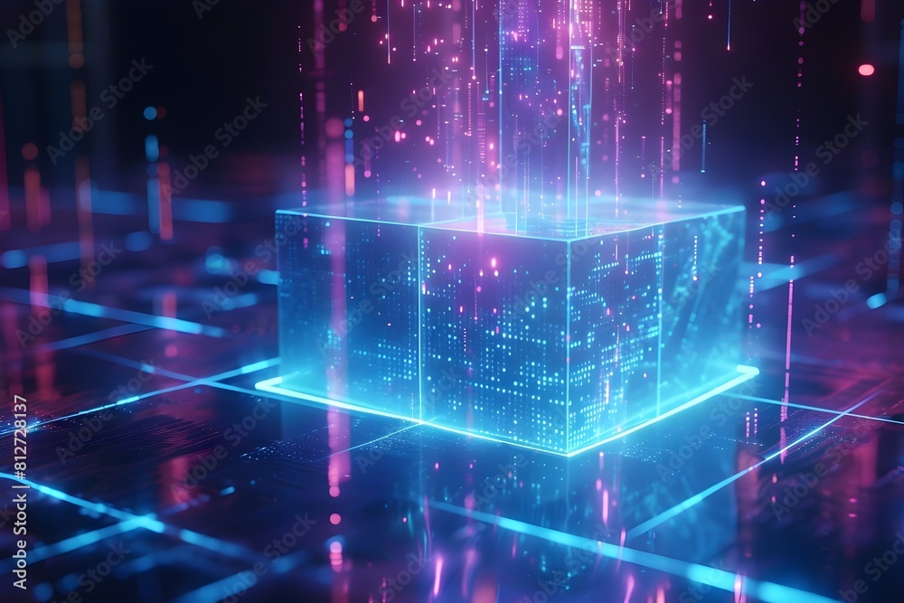 Wall mural a blue cube with a purple and pink glow surrounding it. the cube is surrounded by a pattern of light