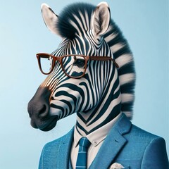 Naklejka premium Modern Zebra in fashionable trendy outfit with hipster glasses and blue business suit. Creative animal concept banner. Pastel blue background. Realistic, photorealistic 