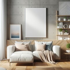 A white couch with pillows and a blanket on it image realistic photo harmony card design illustrator.