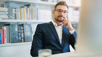 Portrait, businessman and thinking by desk in office with corporate opportunity for startup, ideas and goals. Workplace, male lawyer and thoughtful with legal career for solutions and company growth