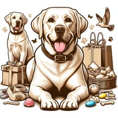 A dog with a leash and a basket of food image art realistic attractive harmony illustrator.