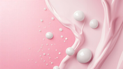 Elegant photo of pink fluid and droplets on a soft pink background, highlighting gloss and texture