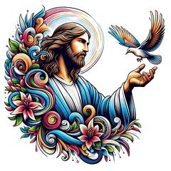A drawing of a jesus christ holding a bird image realistic attractive used for printing card design illustrator.