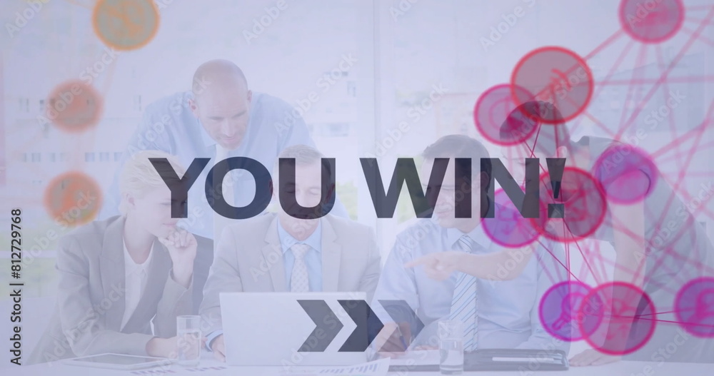 Wall mural Image of you win text and connected icons globes over diverse coworkers discussing reports