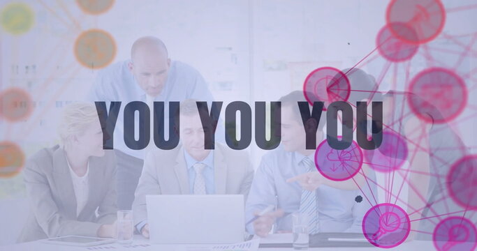 Image of you text and connected icons globes over diverse coworkers discussing reports