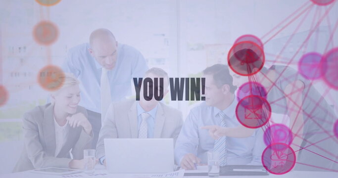 Image of you win text and connected icons globes over diverse coworkers discussing reports