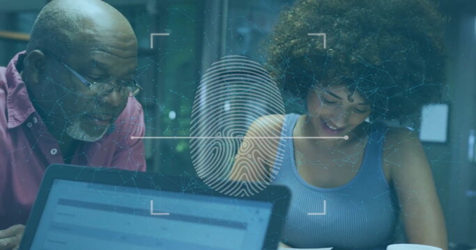 Image of biometric fingerprint data processing over diverse business people in office
