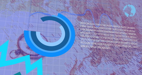 Image of financial data processing over world map