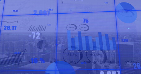 Image of financial data processing over cityscape