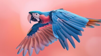 Obraz premium Hyacinth macaw flying, in the style of graphic design poster art, paper sculptures, light peach fuzz, pastoral scenes, simplified shapes, soft-edged, spectacular backdrops