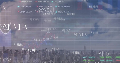 Image of financial data processing over cityscape