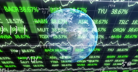 Image of financial data processing over globe on black background