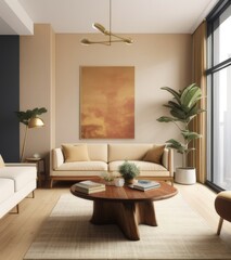 modern living room interior with beige walls, wooden table and wood stump coffee tables in a minimalistic style