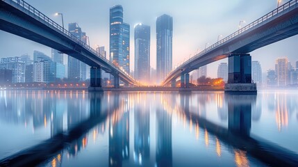 Modern city, skyscrapers, bridges, lake surface