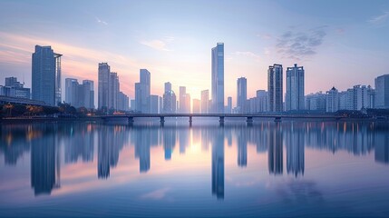 Modern city, skyscrapers, bridges, lake surface