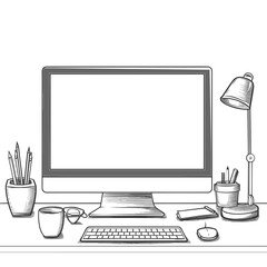 Fototapeta premium Monochrome illustration of a tidy workspace with a computer and office supplies.