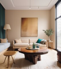 modern living room interior with beige walls, wooden table and wood stump coffee tables in a minimalistic style
