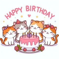 Many cats around a cake image art realistic lively illustrator.