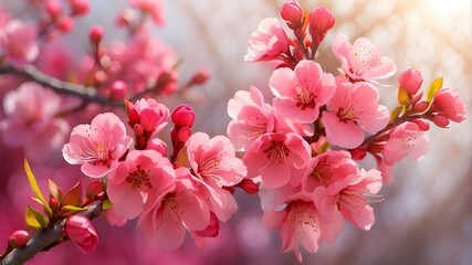 Branches of the scarlet Sakura on a joyful and vibrant springtime background with emerging buds, blooming spring flowers, and hazy sunshine