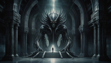 Watercolor painting: A surreal scene of an alien queen, ruling over a sinister, organic throne room,