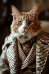 An orange and white cat wearing a coat, perfect for pet fashion blogs