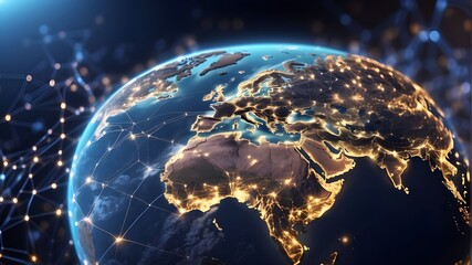 The concept of a global network and connectivity on Earth, the digital globe, cyber technology and fast data transfer, information sharing, and international