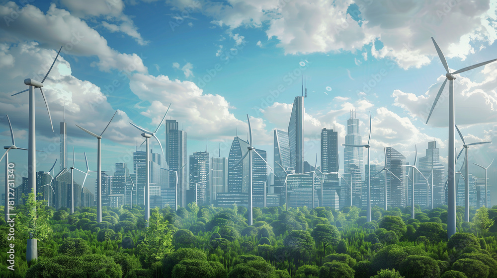 Wall mural a cityscape with many wind turbines and a green forest in the background