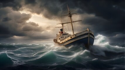 A boat in distress. a ship sailing across a rough, stormy sea that is about to sink. A window of chance to avert a tragedy may exist.