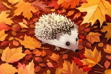 A hedge standing in a pile of fallen autumn leaves. Suitable for seasonal and nature-themed projects