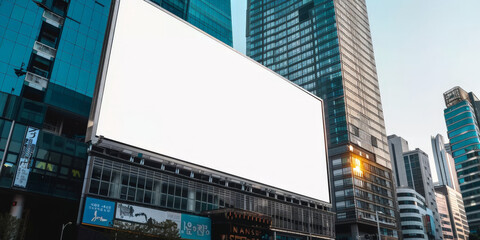 A blank white billboard on  office building in city - Powered by Adobe