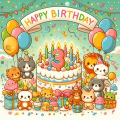 Birthday cards card with a cake and animals art photo lively card design illustrator.
