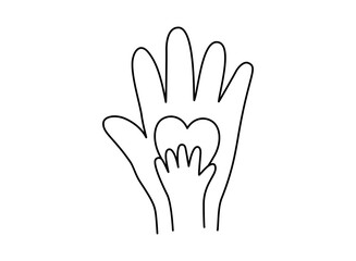 Line art closeup a little and a big hand with heart in mother and father day collection 