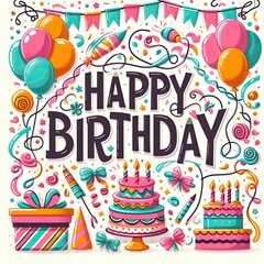 Birthday cards card with balloons and confetti image art realistic lively illustrator .