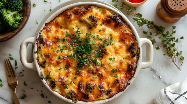 Creamy Tuna and Broccoli Bake in White Dish, Simple and Delicious Comfort Food, Top-Down View, Cheesy and Nutritious Casserole