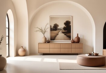 Boho, Mediterranean interior design of modern home entryway, hall with arched walls , Generative AI