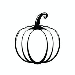 Black and white illustration of a pumpkin with a curly stem.
