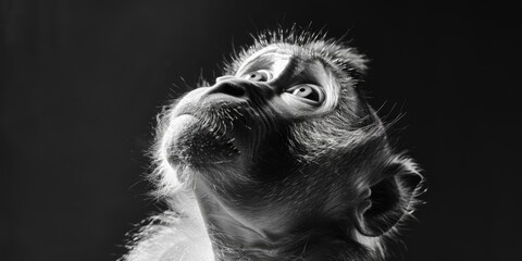 A black and white photo of a curious monkey looking up. Suitable for various projects