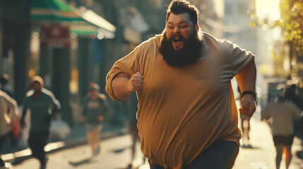 Fototapeta premium A big fat man with a big beard is running a marathon down the street with other people. The man smiles and enjoys what is happening