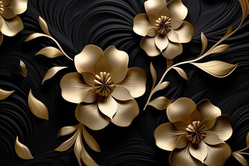 gold flowers on a black background with gold leaves.