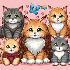 Many cats and kittens art realistic attractive harmony card design illustrator.