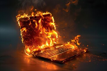 A burning laptop computer on a table, caution advised
