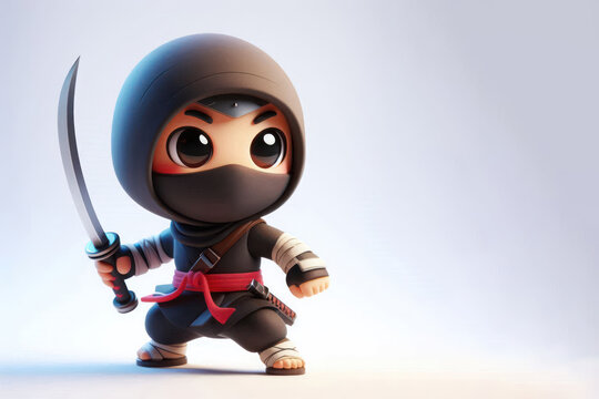 A small ninja with a sword. Space for text.