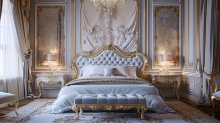 Luxurious baroque style bedroom with ornate details. Created with Generative AI.