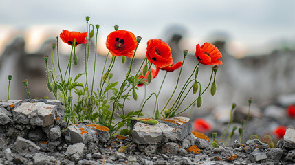 Detailed view of poppies thriving through war ruins, symbolizing rebirth and peace  Memorial Day.