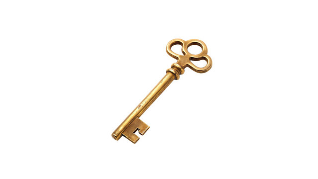 3D rendering of a gold key isolated on a transparent background.