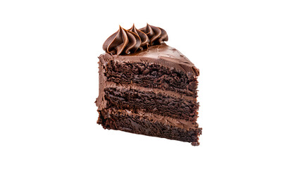 A piece of chocolate cake with a chocolate frosting on top isolated on a transparent background