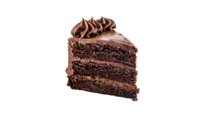 A piece of chocolate cake with a chocolate frosting on top isolated on a transparent background