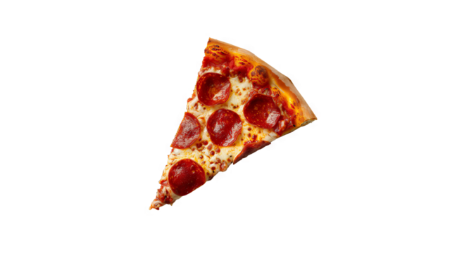 A slice of pizza with pepperoni, isolated on a transparent background.