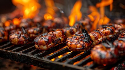 Prawns BBQ, Grilled Shrimps, Seafood Grill on Thailand Beach, Prawns on Open Fire, Barbecue
